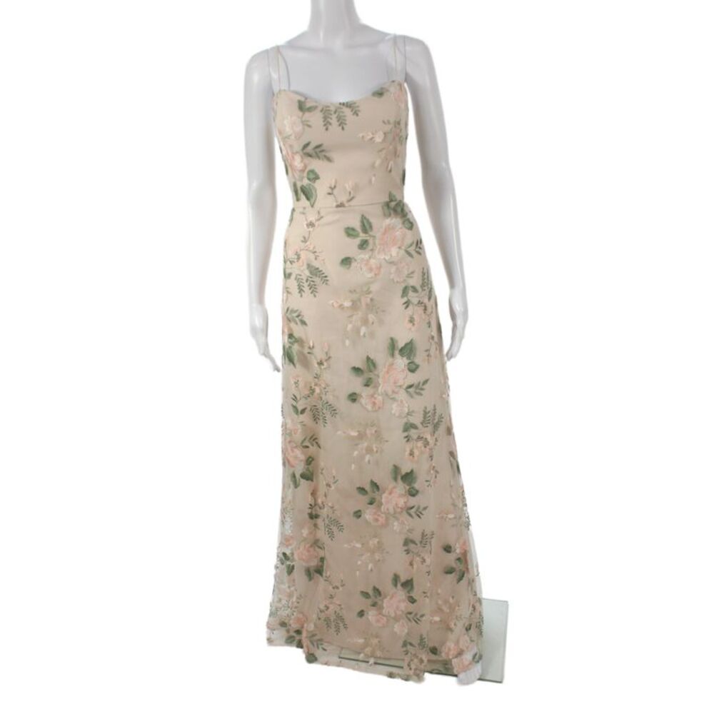 Jenny Yoo Women Maxi Slip Dress Beige Chiffon Mesh Sleeveless Size 8